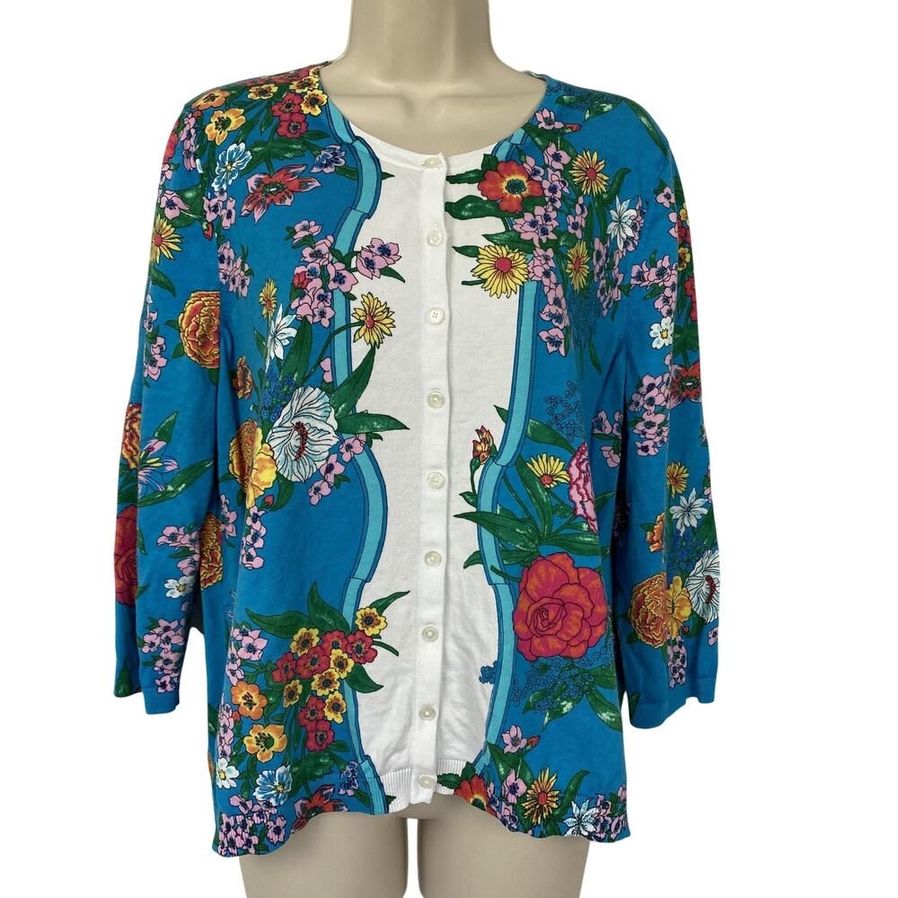 Talbots Cardigan Sweater Womens XLP Blue Bold Floral Petite XL Grandmillennial
